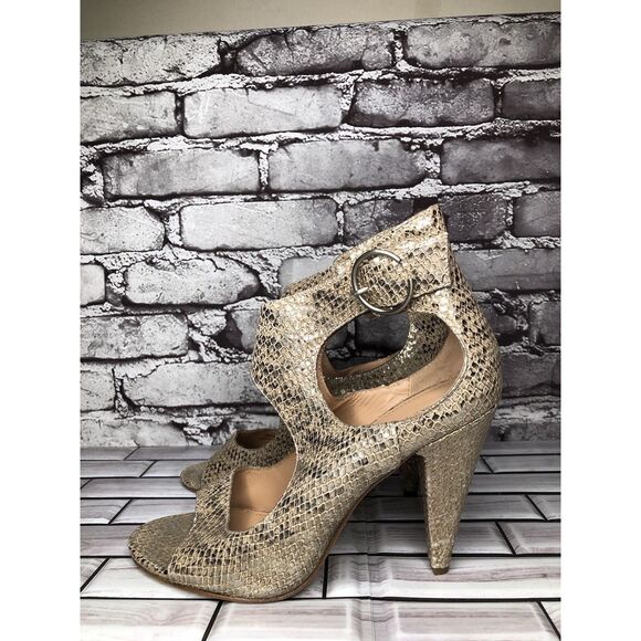 Sigerson Morrison Gold Leather Peep Toe Ankle Strap Dress Heels Women 8.5US/39EU - Picture 1 of 16